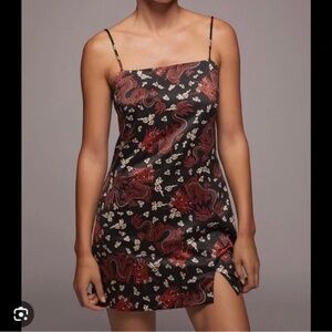 Zara Dragon Print Satin Slip Mini Dress Black Red Strappy Size M